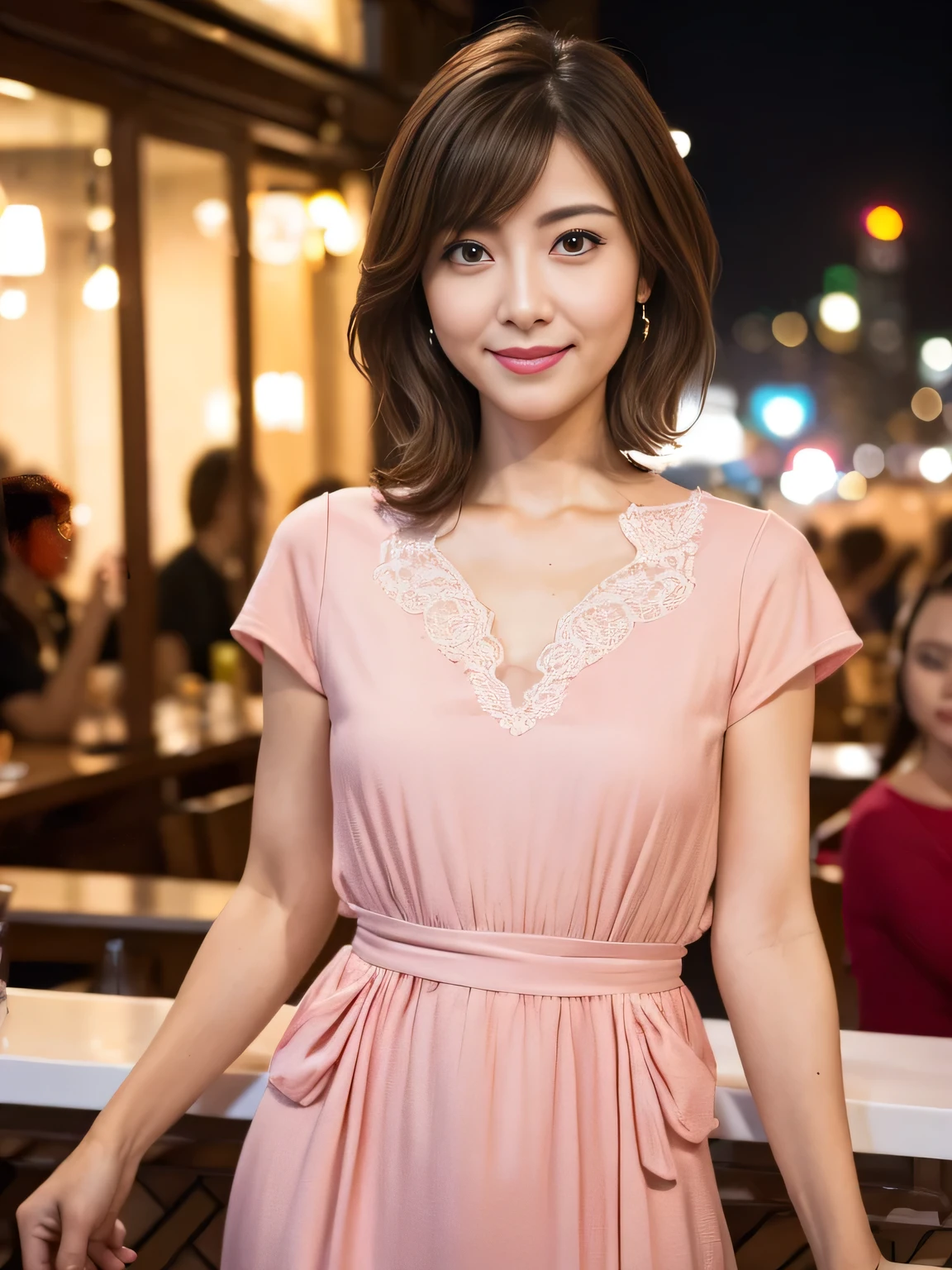 (RAW Photos), (Photo Real), (masterpiece), (Highest quality), High resolution, 8K resolution, (Intricate details), (Volumetric Light), Portraiture, woman, 35 years old, Medium Hair, Layered Hair, Brown Hair, Highly detailed eyes, Very thin eyebrows, Highly detailed skin, Highly detailed mouth, Highly detailed nose, Cute like an idol, smile, ((Pink lipstick)), ((Watching the audience)), (Elegant and transparent, Red sbustier short sleeve dress), ((Urban open cafe terrace background)), ((Bodies facing random directions)),