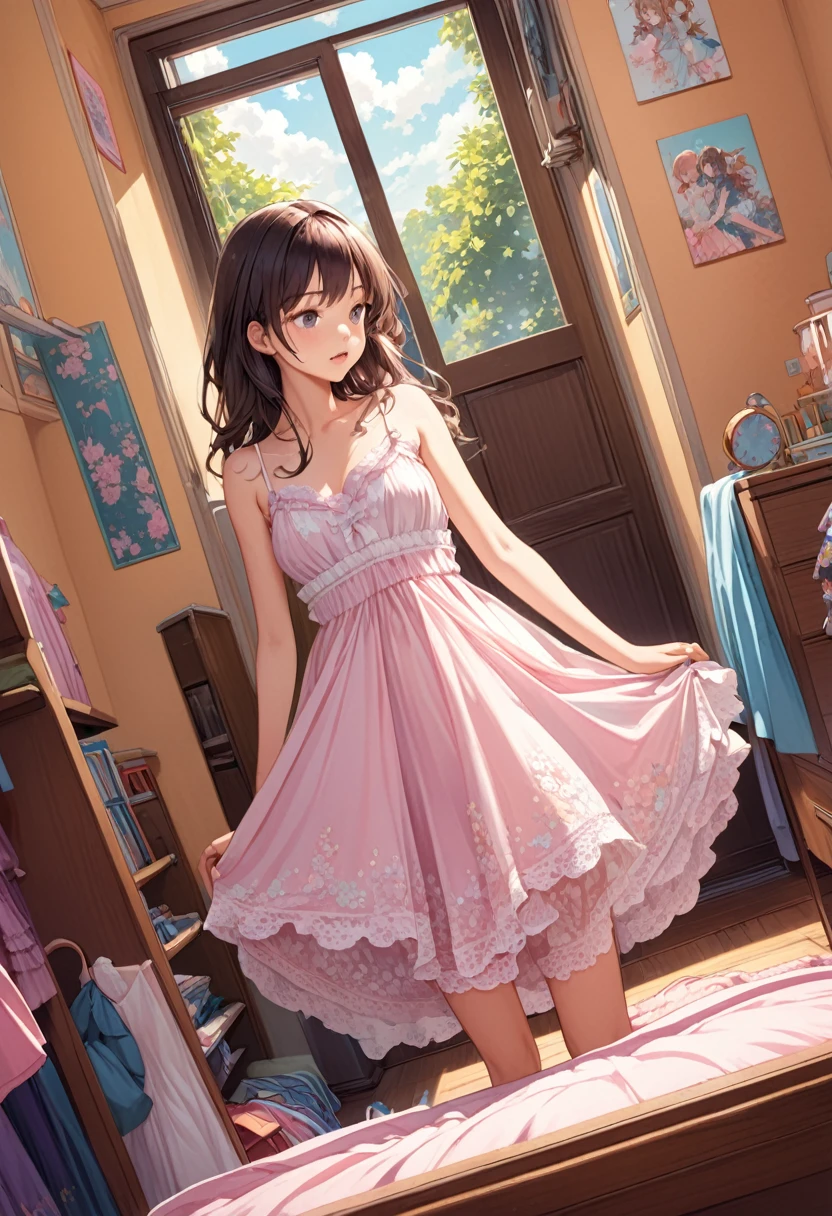 detailed illustration, dynamic angle, ultra-detailed, illustration, room full of catgirls, wearing dresses, babydoll dresses