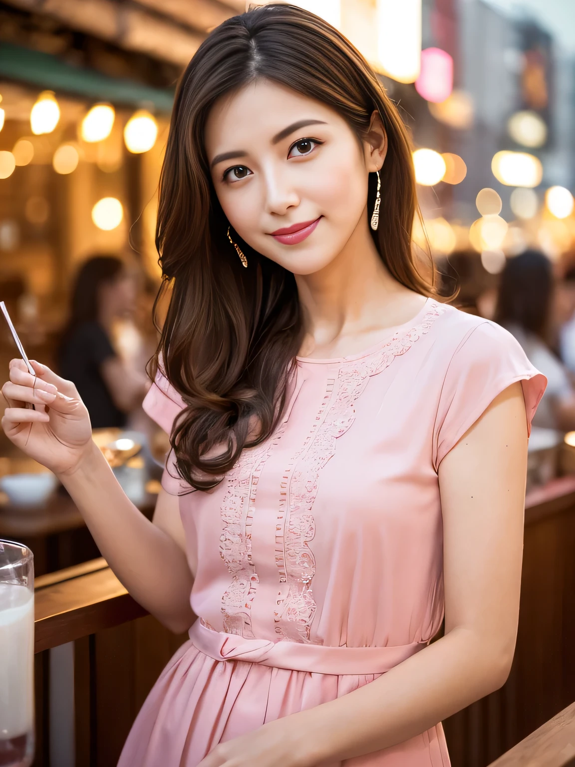 (RAW Photos), (Photo Real), (masterpiece), (Highest quality), High resolution, 8K resolution, (Intricate details), (Volumetric Light), Portraiture, woman, 35 years old, Medium Hair, Layered Hair, Brown Hair, Highly detailed eyes, Very thin eyebrows, Highly detailed skin, Highly detailed mouth, Highly detailed nose, Cute like an idol, smile, ((Pink lipstick)), ((Watching the audience)), (Elegant and transparent, Vivid Red sbustier short sleeve dress), ((Urban open cafe terrace background)), ((Random body directions)),