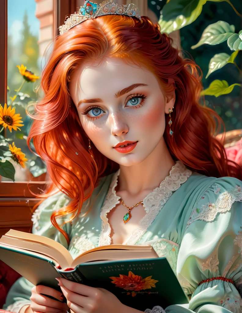 red-haired girl [Elizabeth II:Maude Adams:0.45], (best quality, masterpieces, ultra-detailed), beautiful detailed eyes, beautiful detailed lips, longeyelashes, vibrant colors, illustrative style, oil painting texture, flowing red hair, cozy vibrant pastel reading nook background, soft sunlight, lively expression, joyful interaction with the book, dynamic pose, realistic rendering.