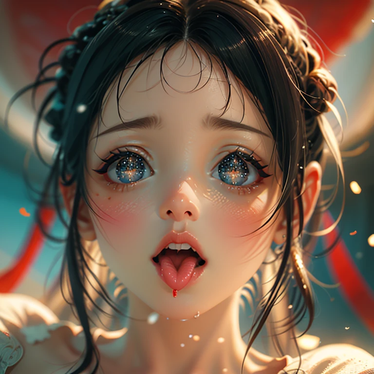 ExtremelyDetailed Kawaii girl Face,(Close-up Sweet lips), glossy lips with beautiful details, Coquettish tongue, Kissing to camera, towards the viewer, 8K TopQuality masterpiece,an extremely delicate and beautiful (ProfessionalPhoto:1.37), {Amazing|finely detail|official art|incredibly absurdres},ultra-detailed close-up shot, close up, (fish eye lens), wide lens, macro lens, Detailed reflective Eyes ElaboratePupils with (sparkling highlights:1.28) (Delicate Voluminous LongEyelashes:0.88), {(Tilted face:1.22)|Visible back of throat|saliva drips|naked shoulder}, (Dripping juice on tongue:1.23) snow particles
