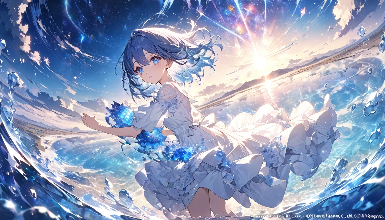 Absurd, High resolution, (Official Art, beautifully、aesthetic:1.2), (Shortsighted:1.15), (One girl, Blue Hair, Medium Hair, blue eyes, Bright Eyes, long white dress, Blue frills,:1.2) blue sky, Sparkling Galaxy, (Uyuni salt lake:1.2), (Fractal Art:0.8), water effects, Ripple effects, (Flower effect: 0.65), Light effects,
