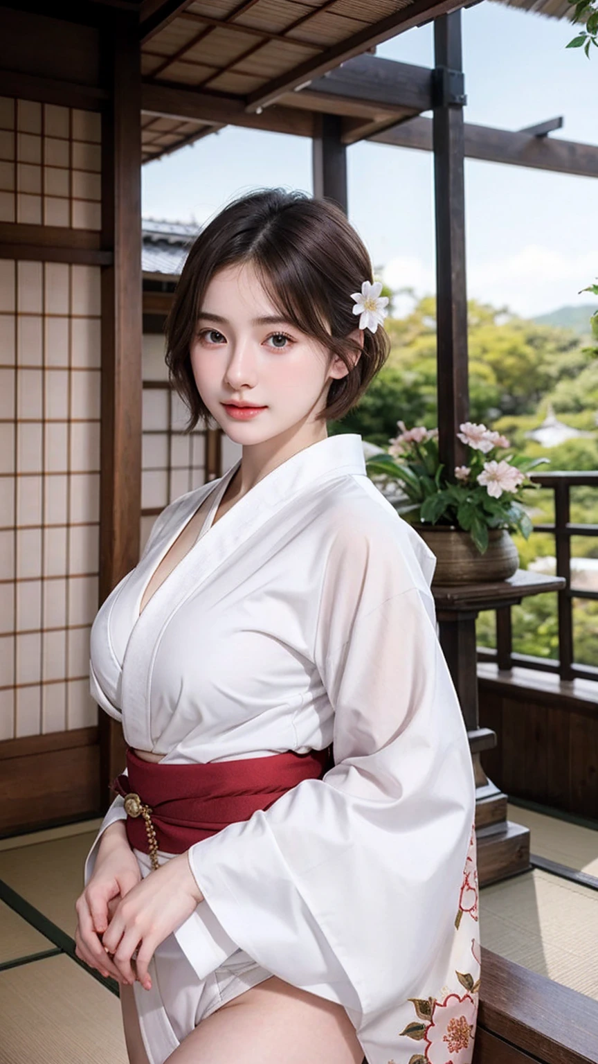 ((best quality)), photorealistic, photorealism, Photorealistic, high resolution, Beautiful, Baby Face, 20 Years Old, White Skin, pale skin, medium breast, seductive pose, dynamic pose, looking at the camera, (Detailed face), short hair, sexy body, (wearing japanese kimono), (japanese flowers motif kimono), NSFW, Fingers are occluded, bokeh, cafe background