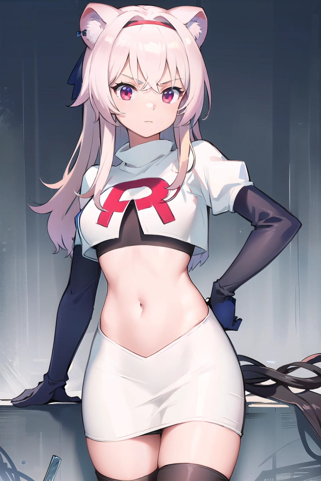 best quality,1girl,normal,cowboy shot,holding sword, team rocket,team rocket uniform,white skirt,red letter R,crop top,black thigh-highs,black elbow gloves