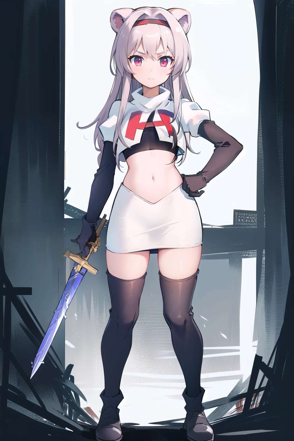 best quality,1girl,normal,cowboy shot,holding sword, team rocket,team rocket uniform,white skirt,red letter R,crop top,black thigh-highs,black elbow gloves