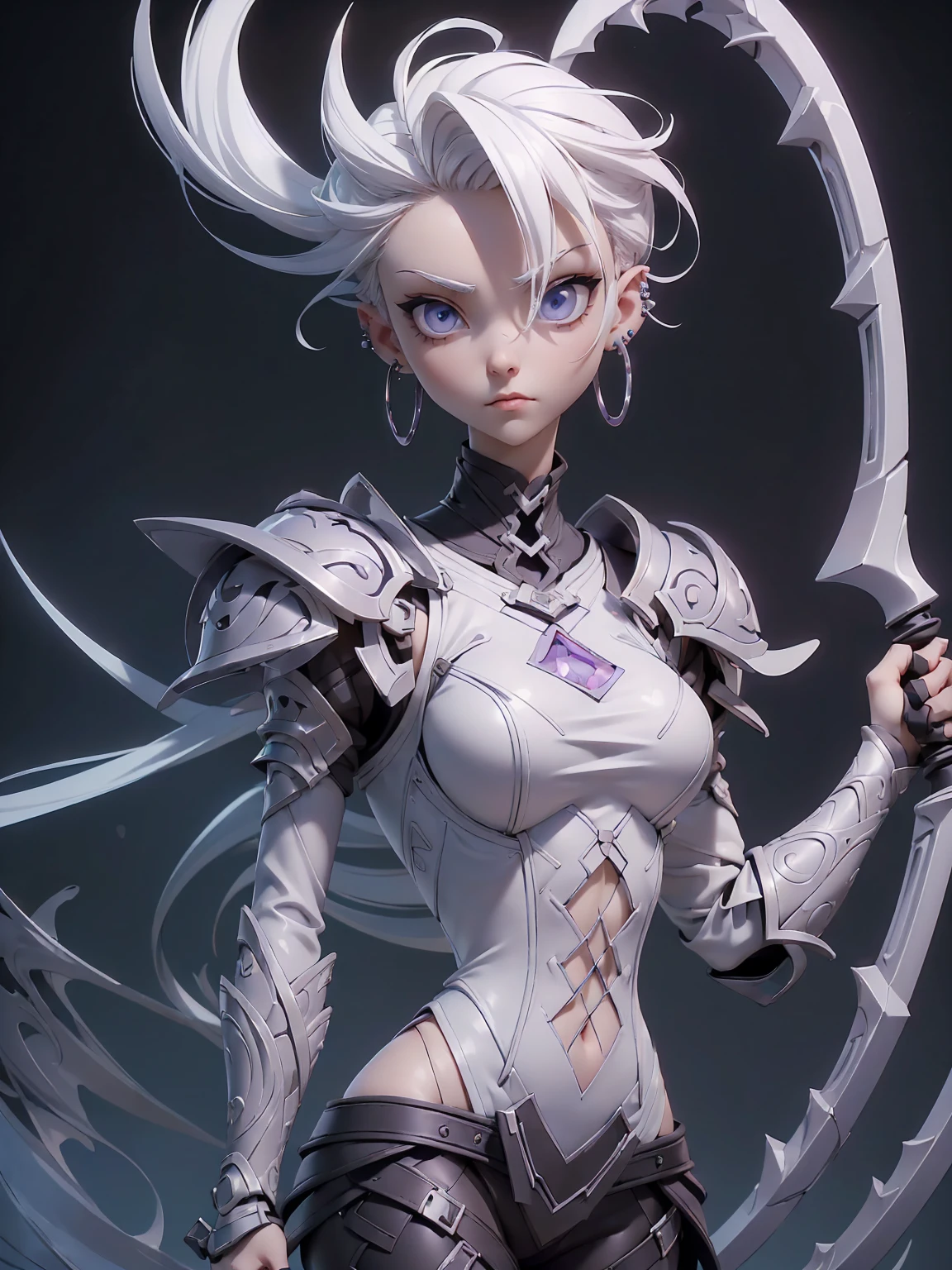 (((masterpiece, best quality, high detailed, 8k))) (1girl) Slender cute girl with short stylish white hair and piercing eyes. She wears a demonic armor in purple black and white. wields a large stylized scythe. ((full bodyshot:1.4))
