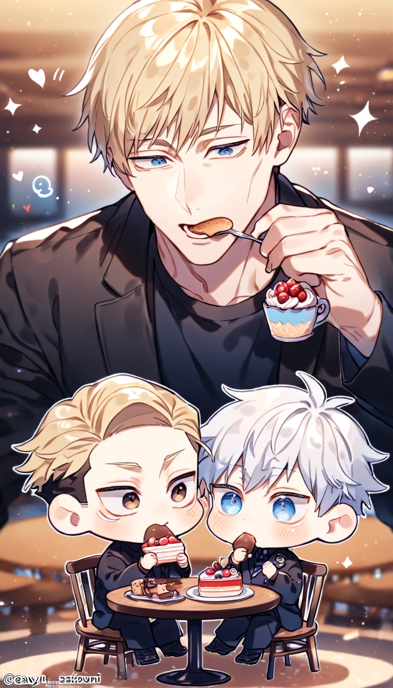absurdres, highres, ultra detailed, HDR, master piece, best quality, extremely detailed, Nanami Kento chibi, blonde hair, expressive brown eyes, Jujutsu Kaisen, Gojou Satoru chibi, white hair, expressive blue eyes, white eyelashes, two boys sitting together, gay couple, yaoi, cute, black clothes, magical, cafe, table, chairs, eating, cake