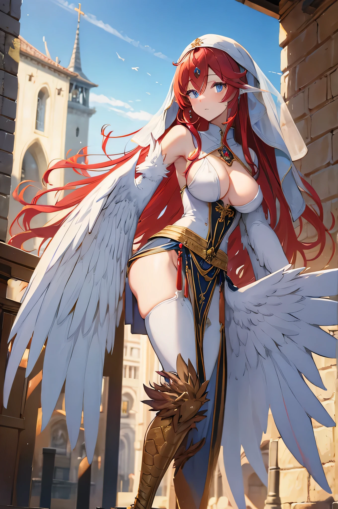 4K,High resolution,One Woman,Harpy,Red Hair,long hair,Blue Eyes,Big Breasts,White Wings,Golden toenails,Nuns,Nunsのドレス,White Veil,Jewelry decoration,Medieval town,In front of the church