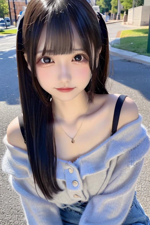 ((The photo is from the thighs up))、Highest quality、High resolution、超High resolution（Real：1.4）、((jirai kei、Off the shoulder))、(School:1.3)、18-year-old、Japanese women、Small breasts、(looking at the camera)、Cute round face、smile、((Shiny gray hair))、looking at the camera、Sparkling eyes、Lips shining with lip gloss、Natural light、(()）、Flat breasts、Small breasts、(smallバスト:1.4)、smallバスト、(slim、small、Flat、small)、thin、Delicate and sexy collarbone、One Girl、(beautiful girl、Delicate girl:1.3)、(18-year-old:1.3)、Very beautiful eyes、(Symmetrical eyes:1、Brown eyes、Parted bangs、(Eye and facial details:1.0) )、Real実写、Photogenic transparency、Detailed eyes、Gradation、Perfect anatomical figure、Woman with perfect body、Highly detailed skin、Highly detailed face、Beautiful eyes in every detail、Background Blur、Sexy pose、