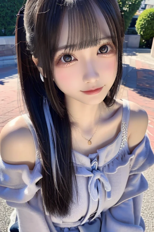 ((The photo is from the thighs up))、Highest quality、High resolution、超High resolution（Real：1.4）、((jirai kei、Off the shoulder))、(School:1.3)、18-year-old、Japanese women、Small breasts、(looking at the camera)、Cute round face、smile、((Shiny gray hair))、looking at the camera、Sparkling eyes、Lips shining with lip gloss、Natural light、(()）、Flat breasts、Small breasts、(smallバスト:1.4)、smallバスト、(slim、small、Flat、small)、thin、Delicate and sexy collarbone、One Girl、(beautiful girl、Delicate girl:1.3)、(18-year-old:1.3)、Very beautiful eyes、(Symmetrical eyes:1、Brown eyes、Parted bangs、(Eye and facial details:1.0) )、Real実写、Photogenic transparency、Detailed eyes、Gradation、Perfect anatomical figure、Woman with perfect body、Highly detailed skin、Highly detailed face、Beautiful eyes in every detail、Background Blur、Sexy pose、