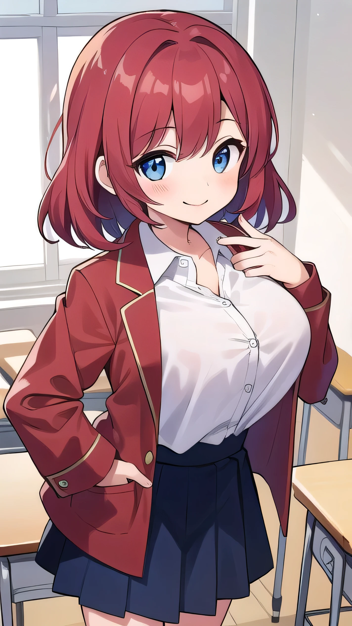 Big breasts, red hair, blue eyes, droopy eyes, red jacket, long sleeves, navy skirt, elementary school student, (super big breasts:1.1), (medium hair: 1), baggy clothes, elementary school student, young face, short height, , old, shy Agari, smiling a little, trying to unbutton his shirt in the classroom, white shirt, soft hair,(straight hair:1.2) , gentle smile, a little smile ,
