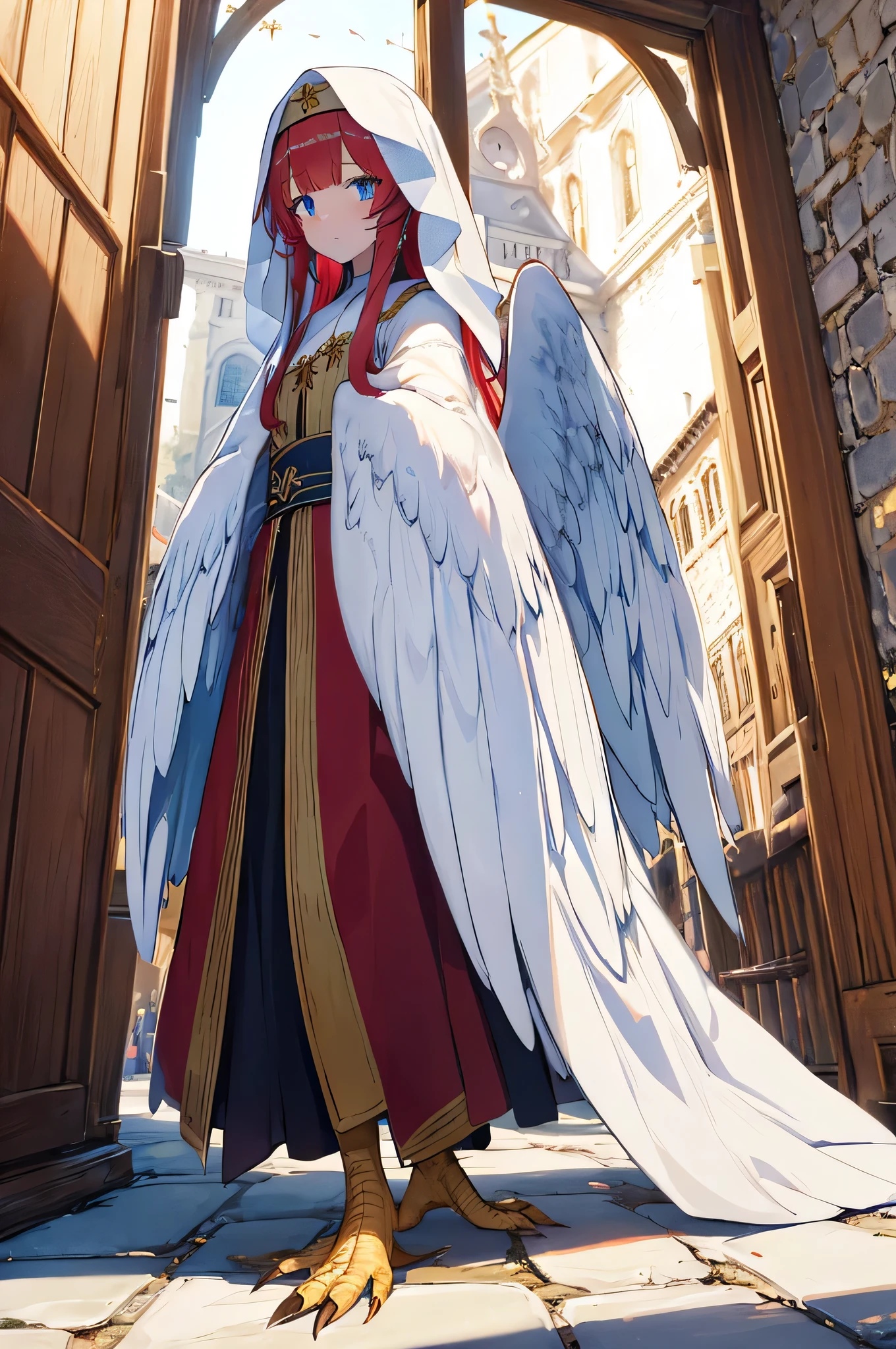 4K,High resolution,One Woman,Harpy,Red Hair,long hair,Blue Eyes,White Wings,Golden toenails,Nuns,Nunsのドレス,White Veil,Jewelry decoration,Medieval town,In front of the church