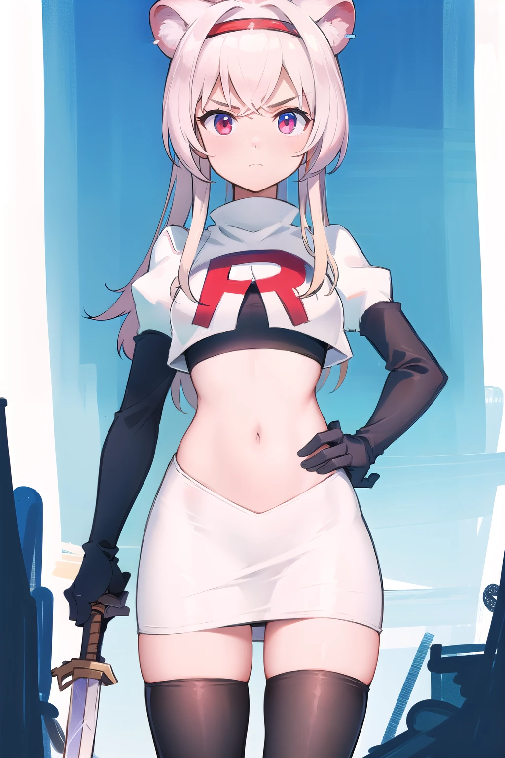 best quality,1girl,normal,cowboy shot,holding sword, team rocket,team rocket uniform,white skirt,red letter R,crop top,black thigh-highs,black elbow gloves