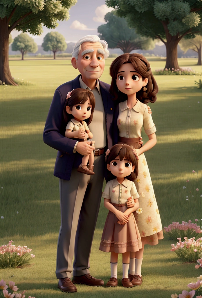 beatiful family, father mother two sisters, on the grass in the park full of flower,