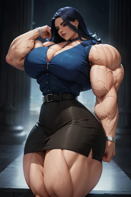 ((Close-up)), tall, (royal blue hair) beautiful muscular woman, long curly wavyhair, pale white skinned, closed smile, (black lipstick), big breast, (massive muscles), (hyper muscle), ((ginormous bulky muscles)), glowing white eyes, (((royal blue sleeveless pleated shirt))), ((black pencil skirt with belt)), (fingerless gloves), (necktie), high heels, night in rooftop, 