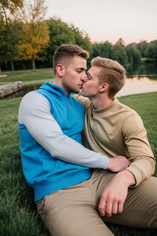 Two men, photo realistic. A 16-year-old, handsome, lean man with short-cut, blond hair and blue eyes, wearing a brown sweatshirt, and khaki pants, sitting in the lap of a 17-year-old, handsome, athletic, Caucasian man with short, shaved brown hair, and blue eyes, wearing a blue and yellow jersey, and jeans, kissing, groping each other, laying on a grassy field, by a pond in a large city park, at night. Masculine, erotic, sexy, romantic, love, huge bulge.