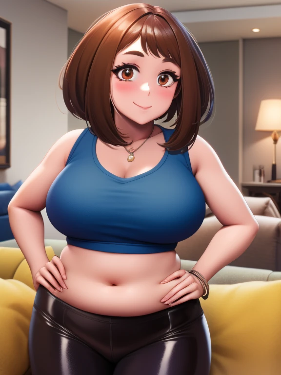 high quality, best quality, beautiful, perfect lighting, detailed face, mature face, ((1girl)), ((solo)), Imagine Ochaco Uraraka as an adult, 45 years old, MILF, plus sized milf, short brown hair, brown eyes, ((blush)), smile, looking at viewer, black leather pants, dark blue shirt, white heels, ((medium breasts)), wide hips, thick thighs, chubby, love handles, muffin-top, round belly, protruding gut, living room, hands on hips,
