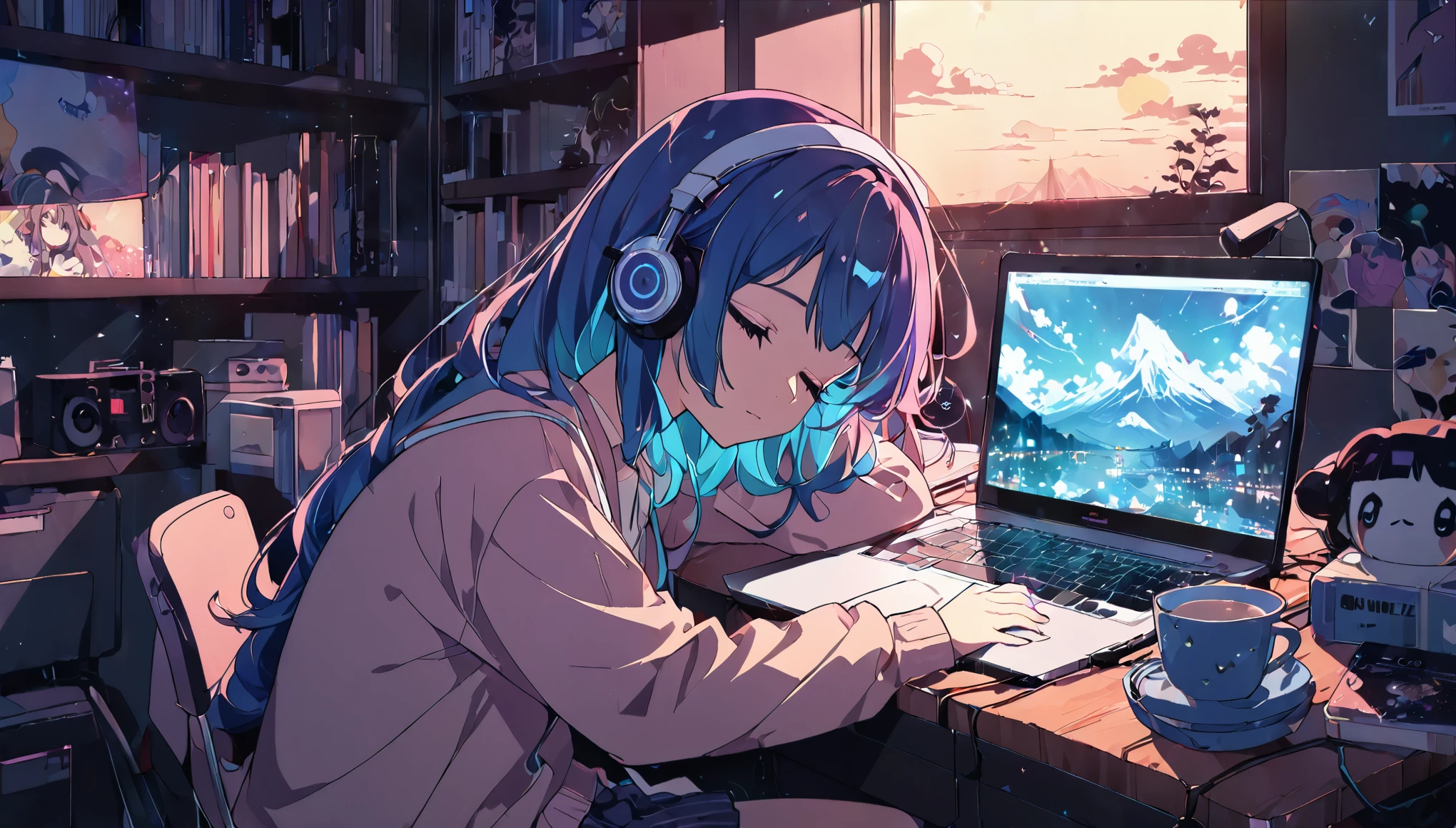 Anime girl sleeping on a desk with a laptop, Nightcore, listening to music at 2 am, Lo-fi art style, LOFI Girl, Anime Style 4k, Anime Aesthetics, Anime atmosphere, anime art wallpaper 4k, anime art wallpaper 4k, Lo-fi feeling, relaxed mood, Gweiz-style artwork, Portrait of Rofi,8k