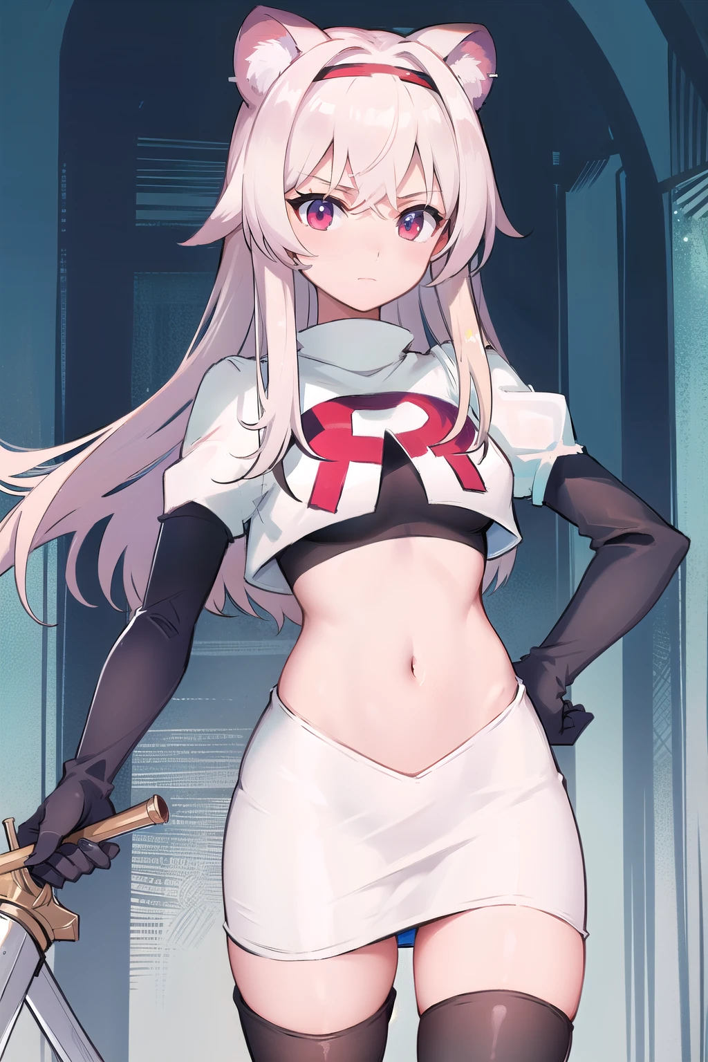 best quality,1girl,normal,cowboy shot,holding sword, team rocket,team rocket uniform,white skirt,red letter R,crop top,black thigh-highs,black elbow gloves