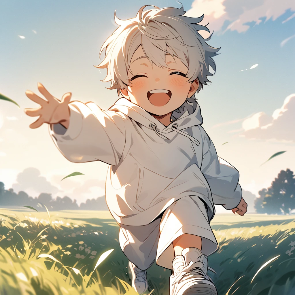 The character is a 7 year old boy, dressed in a totally white hoodie, loose white pants and white sneakers. The character has his eyes closed and is laughing while walking on an empty meadow, with a bright sky