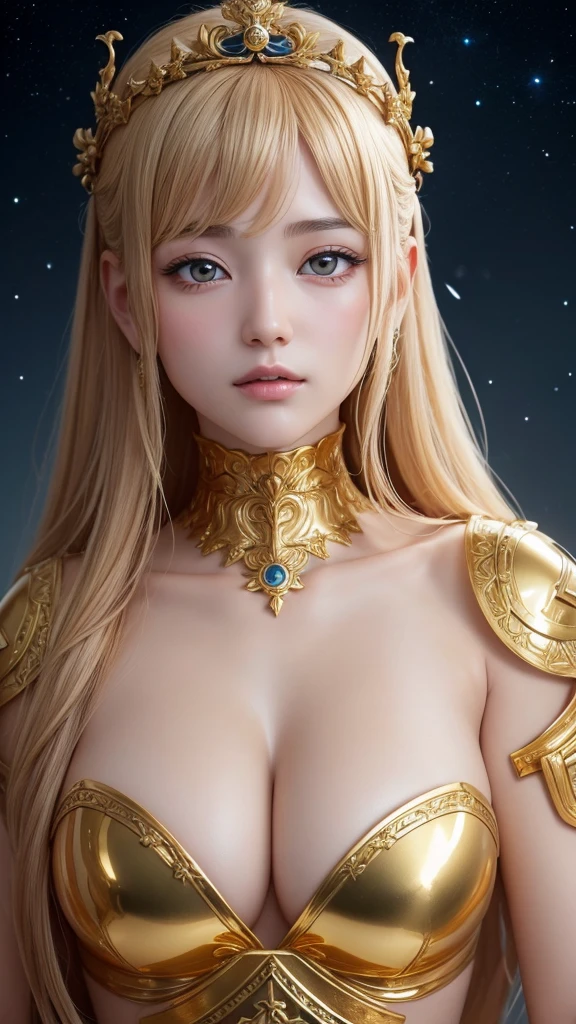 ギリシャのナイキのgoddessを模した 、goddess、4K、 Realistic sculpture、Gold sculpture、背景はuniverse、universe、顔はfrontを向いている、顔はfront、front、Staring at me