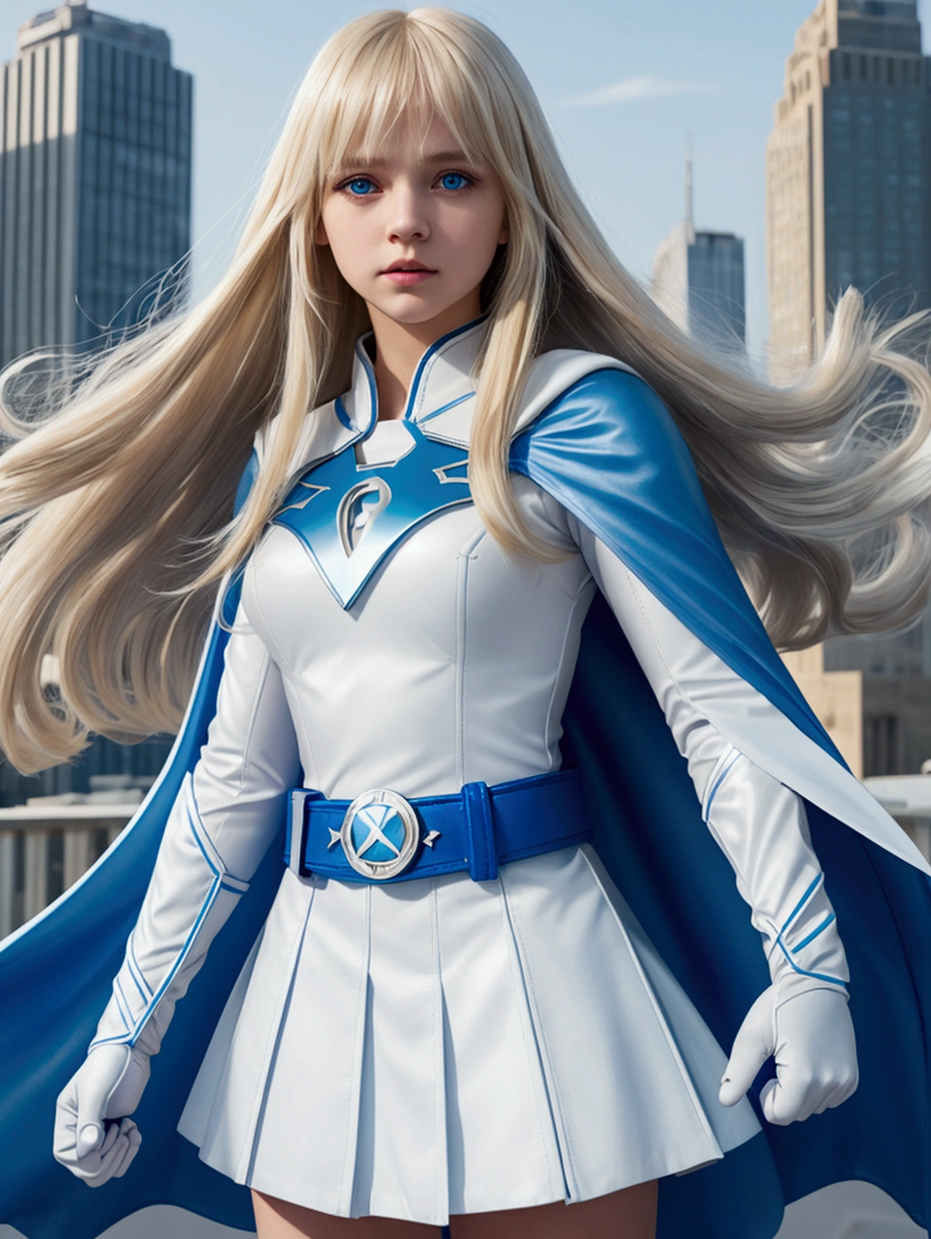 young girl with long straight light blonde hair with a bang, blue eyes, white superhero costume, blue gloves, light blue cape and white skirt, long sleeves, light blue belt, city background
