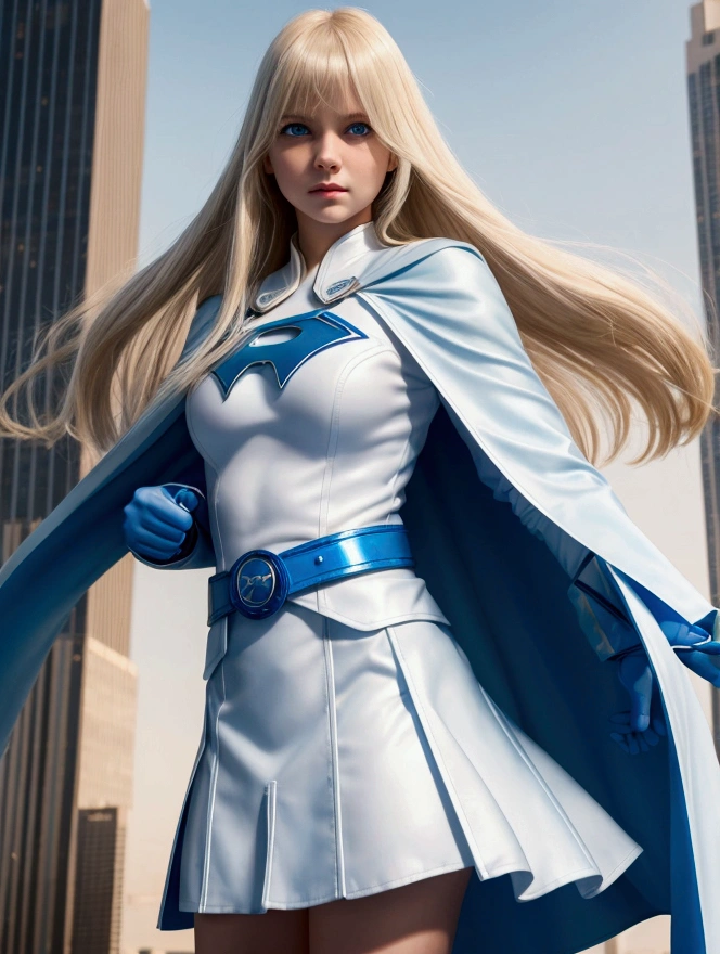 young girl with long straight light blonde hair with a bang, blue eyes, white superhero costume, blue gloves, light blue cape and white skirt, long sleeves, light blue belt, city background
