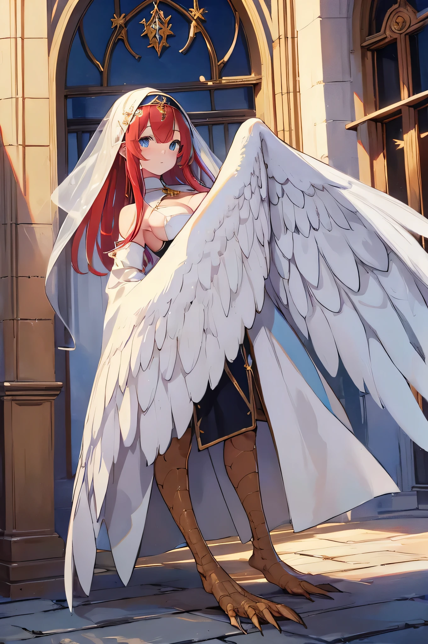 4K,High resolution,One Woman,Harpy,Red Hair,long hair,Blue Eyes,Big Breasts,White Wings,Golden toenails,Nuns,Nunsのドレス,White Veil,Jewelry decoration,Medieval town,In front of the church