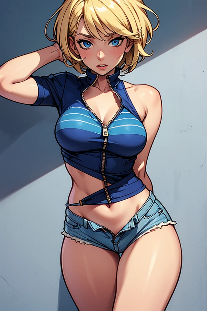 Blonde girl, short hair, blue eyes, with flushed cheeks, wearing a blue top zipper open, wearing tight, short denim shorts with the zipper open, showing her striped panties