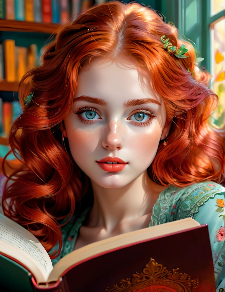 red-haired girl [Elizabeth II:Maude Adams:0.45], (best quality, masterpieces, ultra-detailed), beautiful detailed eyes, beautiful detailed lips, longeyelashes, vibrant colors, illustrative style, oil painting texture, flowing red hair, cozy vibrant pastel reading nook background, soft sunlight, lively expression, joyful interaction with the book, dynamic pose, realistic rendering.