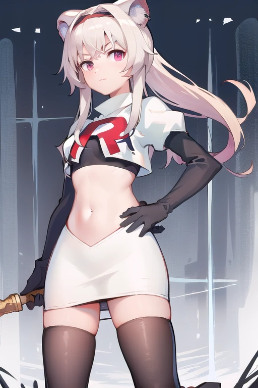 best quality,1girl,normal,cowboy shot,holding sword, team rocket,team rocket uniform,white skirt,red letter R,crop top,black thigh-highs,black elbow gloves