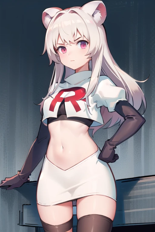 best quality,1girl,normal,cowboy shot,holding sword, team rocket,team rocket uniform,white skirt,red letter R,crop top,black thigh-highs,black elbow gloves