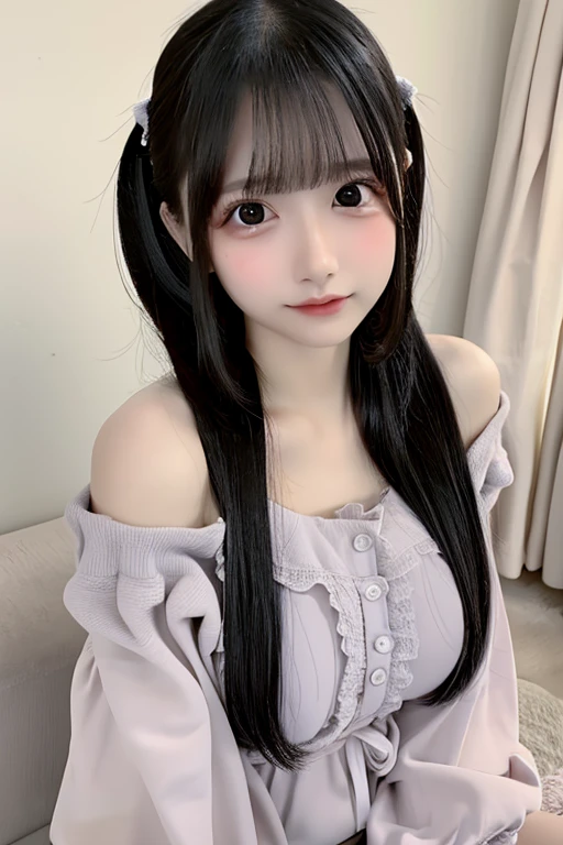 ((The photo shows the upper part of the thighs))、Highest quality、High resolution、超High resolution（Real：1.4）、((jirai kei、Off the shoulder))、(School:1.3)、18-year-old、Japanese women、Small breasts、(looking at the camera)、Cute round face、smile、((Shiny gray hair))、looking at the camera、Sparkling eyes、Lips shining with lip gloss、Natural light、(()）、Flat breasts、Small breasts、(smallバスト:1.4)、smallバスト、(slim、small、Flat、small)、thin、Delicate and sexy collarbone、One Girl、(beautiful girl、Delicate girl:1.3)、(18-year-old:1.3)、Very beautiful eyes、(Symmetrical eyes:1、Brown eyes、Parted bangs、(Eye and facial details:1.0) )、Real実写、Photogenic transparency、Detailed eyes、Gradation、Perfect anatomical figure、Woman with perfect body、Highly detailed skin、Highly detailed face、Beautiful eyes in every detail、Background Blur、Sexy pose、