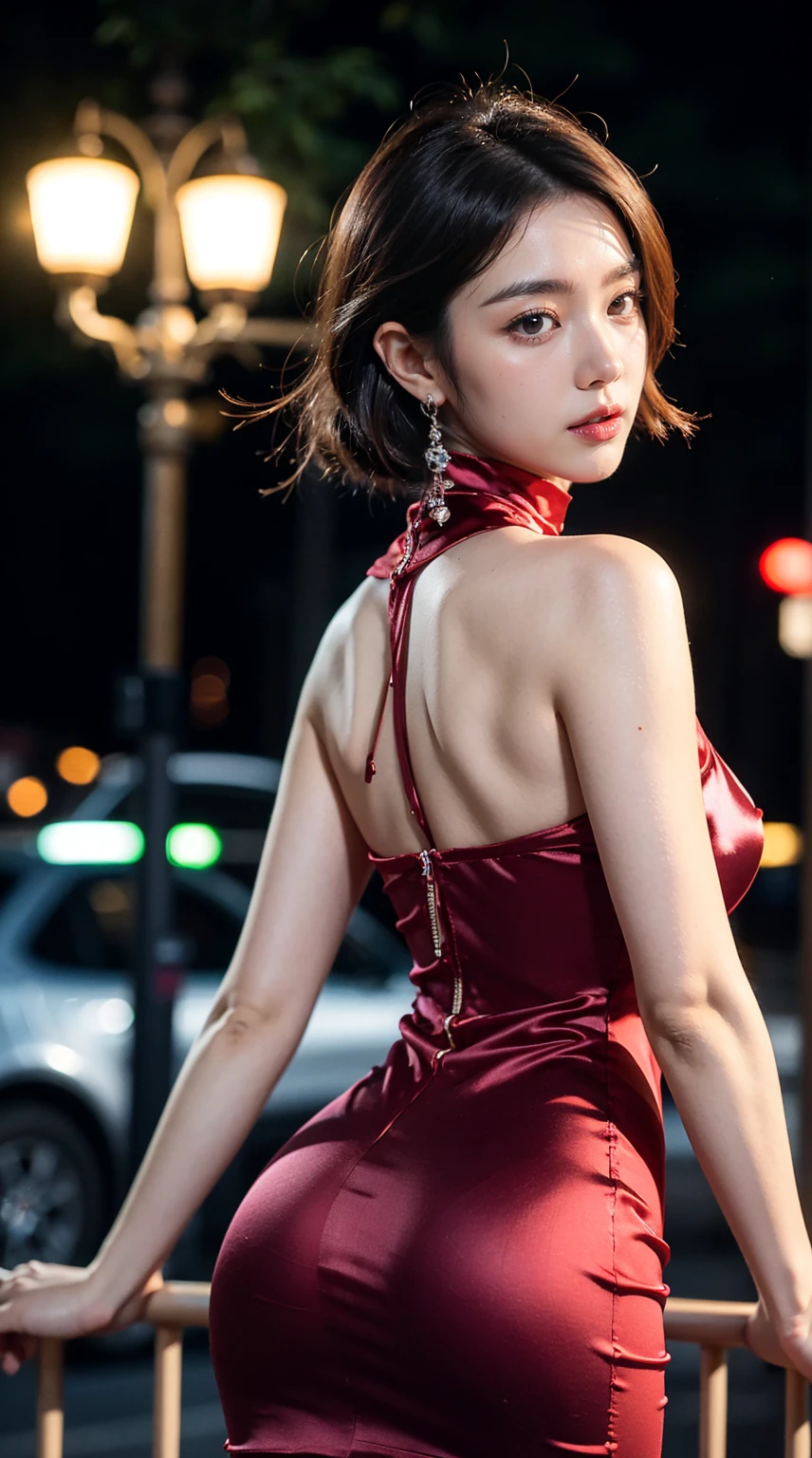 8k,masterpiece,RAW photos,best quality,Detail:1.2),henthal realism,Highly granular CG integration 8k,8k,diamonds and wallpapers,depth of field photography film light,Lens Flash,light tracking,(Very pretty look,beautiful lips,beautiful eyes),Face with intricate details,((Super Detail Skins))1 girl,Korean Female Model,어둠 속의 어두운 night,deep shadows,pretty korean girl,kpop idol,(Very slim, lean and muscular body.:1.3),(View audience),(tight miniskirt),((red wine dress:1.4)),(injection sleeve),(도시의 night,(neon sign),(night),Beautiful Korean girl earrings,wristband,choker necklace,Lace-up pantyhose,clear eyes,walk,(pale skin),facing forward,(big eyes),((Upper body shot)),tight clothes.,((silk dress:1.4)),Lace-up dresses,see through dress,turn around,rear shot,very slim,slander,slander, Crowded city streets:1.3