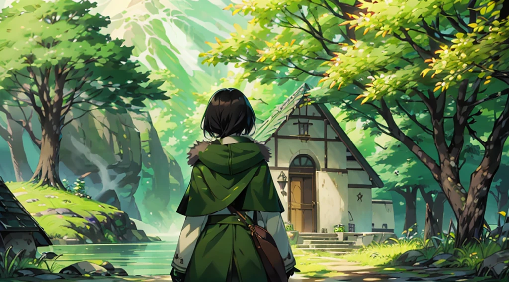 yuichiro hyakuya girl, (WithoutFear:1), 1 girl, black hair, green eyes, brown coat, gray armor, elves, sylvan, green shield, green cloak, dark brown gloves, forest, white fur trim, anime, standing, good quality, portrait, looking at viewer