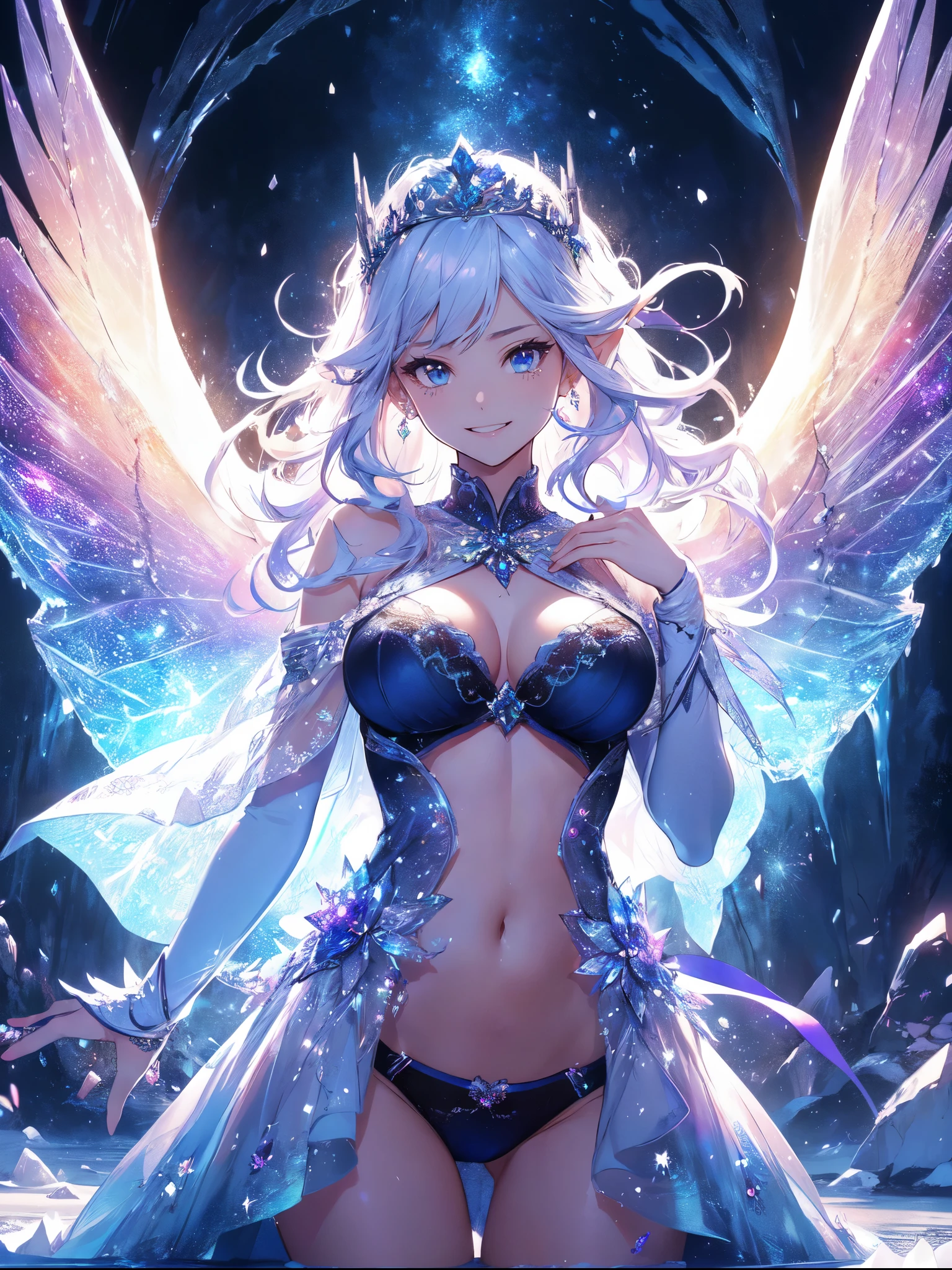 最high quality、1 woman elf facing forward、)((underwear))'、beautiful瞳、tears、universe、Huge galaxy、beautiful装飾、brassiere、panty、Ice tiara、Swirling Ice、Crystal of snow、Ice Palace、最high quality , fractal art.、Glowing ice、Bold Pose、Bold composition、 bikini、beautiful胸、Large Breasts ((Laugh beautifully、))((Glowing ice ))SMqueen、beautiful顔、Orgasm、Ecstasy、全身beautiful装飾の下着、World of Illusions、Ice crystals、Crystal of snow、Bigger on the front、 beautiful輝き,High-definition depiction, Realistic, 8k, Unity, beautiful太もも,,Giant Devil's Wings、虹colorに輝く翼、detailed groin、 low angle、light smile, Beautifully and vividly drawn, , beautiful beautiful透き通る肌、輝くbeautiful装飾の魔法、Open your arms in prayer、、beautiful装飾、 , beautiful、 Romanticism,mosquito。 混沌の最もbeautiful形, Mr..々color, Intertwined flowers, P article,Magical gentle light,smile,,image quality、masterpiece、beautiful顔、Super beautiful elf woman((Big breasted 22 year old office lady、Bust 120,Beautiful long ironed hair、beautiful髪、height: 165cm。、Esbian、、high quality、、Visual Arts、最high quality、1 womanエルフ NP: Worst quality ,beautiful fractal art 、frozen、、light、Beautiful radiance,High-definition depiction, Realistic, 8k, Unity, , light smile, Beautifully and vividly drawn, , Beautiful, beautiful, clear skin、 Countless rays of light pouring down, Swirling Light, big background, , Intense light is emitted from the magic circle in front of the girl. Romanticism,Cowboy Shot: 最high quality Artwork、uhd