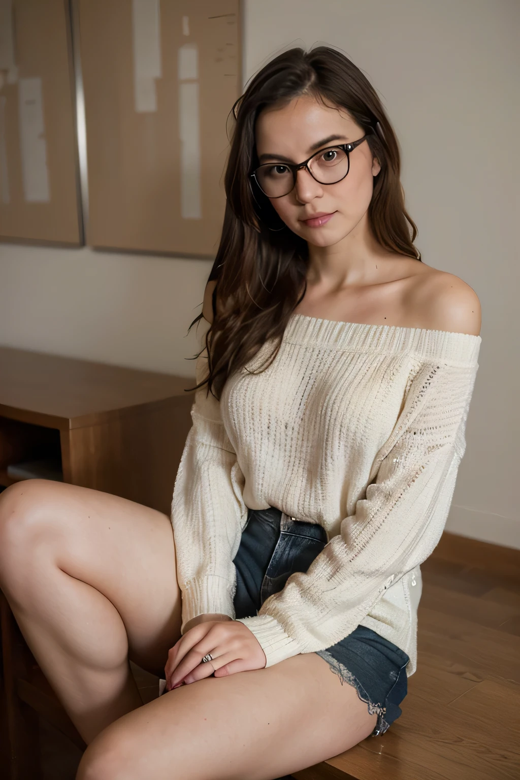 ((best qualityer)), ((work of art)), (detailded), 1 girl, off-shoulder crochet sweater, studious, series, reader, sitting, 30years, pfp for work, glasses, looking at camera