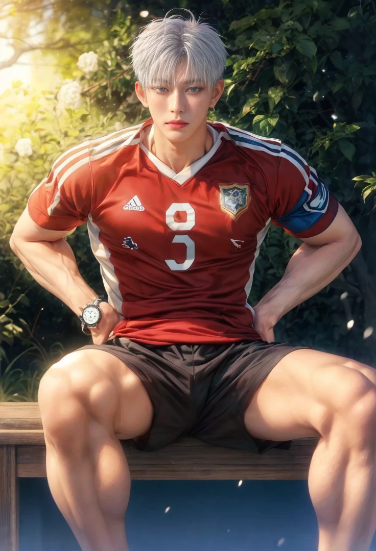 Japanese male model, adult, handsome, perfect face, detailed eyes and face, clean shaved, sixpack realistic, white eyebrow hair, white eyelashes, dynamic lighting, unreal engine 5, hd picture, satoru gojo, white hair, short hair ,hair between eyes ,blue eyes, white skin, Football shirt, Wear a watch