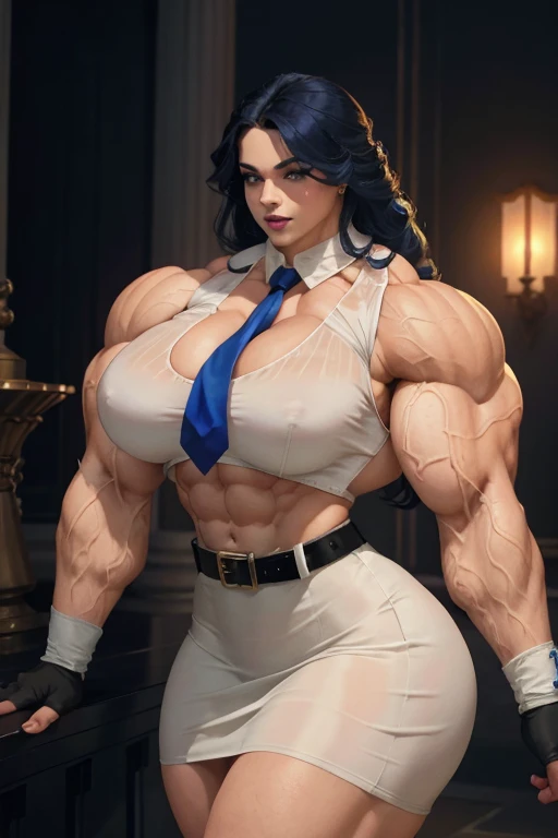 ((Close-up)), tall, (royal blue hair) beautiful muscular woman, long curly wavyhair, pale white skinned, closed smile, (black lipstick), big breast, (massive muscles), (hyper muscle), ((ginormous bulky muscles)), glowing white eyes, (((royal blue sleeveless pleated shirt))), ((black pencil skirt with belt)), (fingerless gloves), (necktie), high heels, (flexing muscles), night in rooftop,