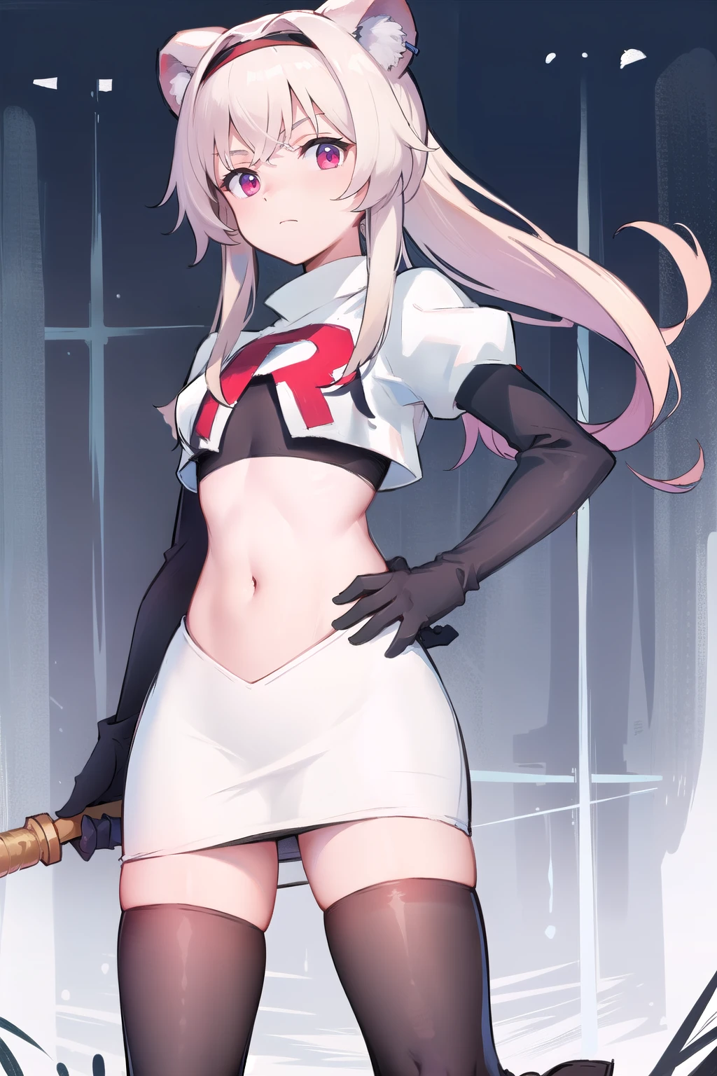 best quality,1girl,normal,cowboy shot,holding sword, team rocket,team rocket uniform,white skirt,red letter R,crop top,black thigh-highs,black elbow gloves