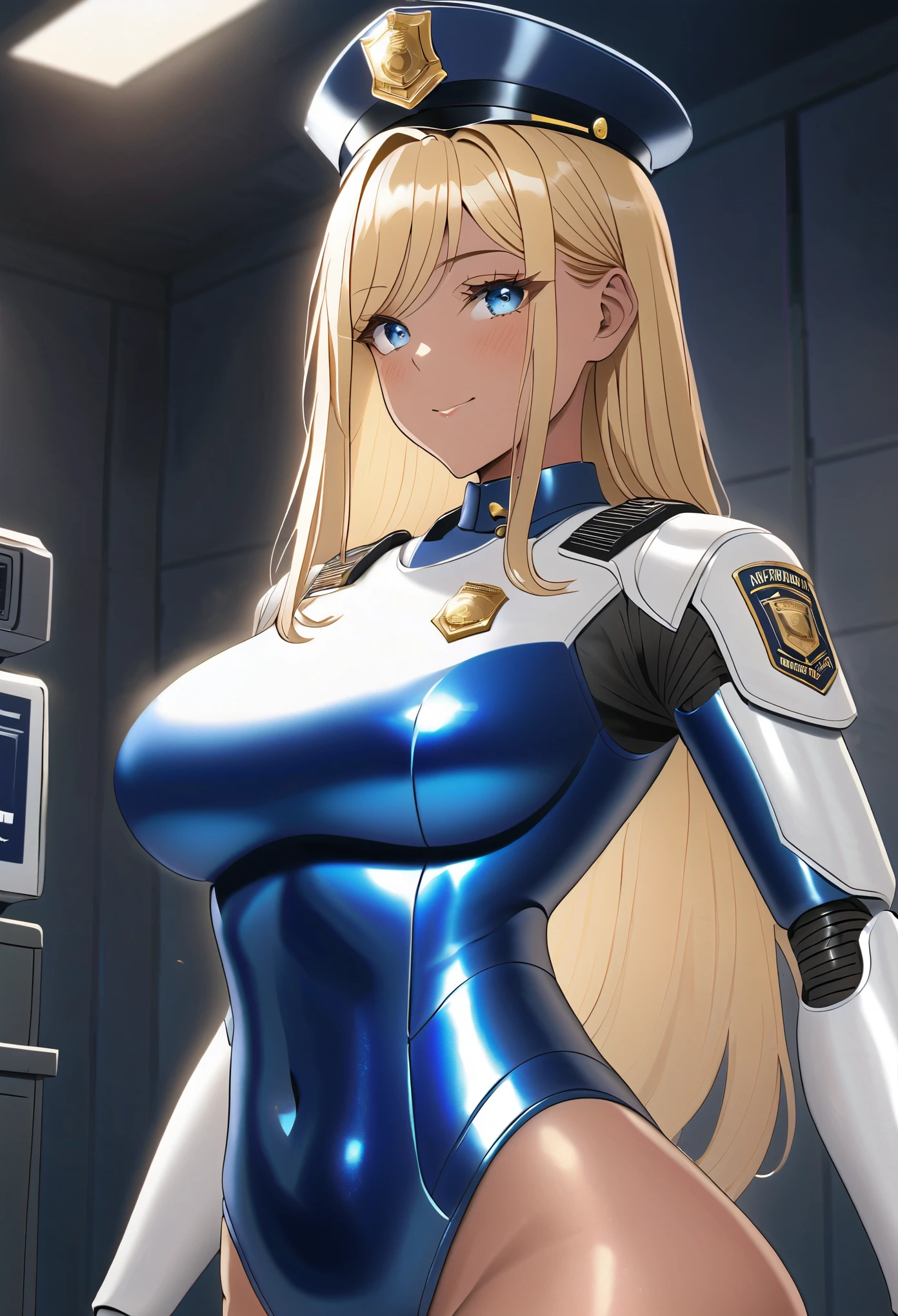 UHD, retina, anatomically correct, textured skin, masterpiece, accurate，SOLO，high quality,extremely detailed，(1 robot female,human face,long hair)(Police type robot:1.7),(shiny skin:1.8),(bright light),(Police robot suit:1.4),open pose,[detail face],Armory room