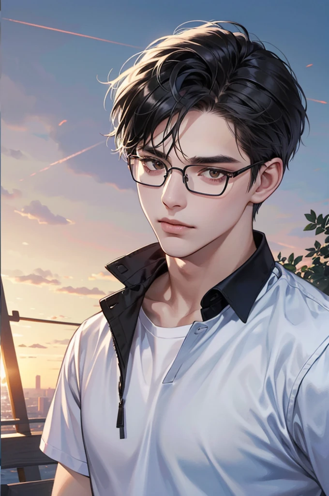 (Absurd, High resolution, Super detailed, Realistic, ), 1 male,mature, alone, Short black hair, Blue T-shirt,Brown eyes, (Glasses),Gazing at the sky, Background is white、Super detailed, Highest quality, Detail view, Vectorized, 8k, Illustrated style、Vector line, Full HD,whole body