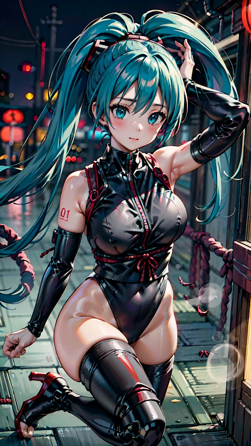 Adult Woman, Hatsune Miku, Dignified Face, ((Japanese Ninja)), ((Heavy cybernetic leotards)), Cyberpunk, High Heels, Masterpiece, Top Quality, Super Detailed, Dignified Face, Anime Visuals, Heavy Cybernetic Leotard, Science Fiction, Good _ Face: 0.8