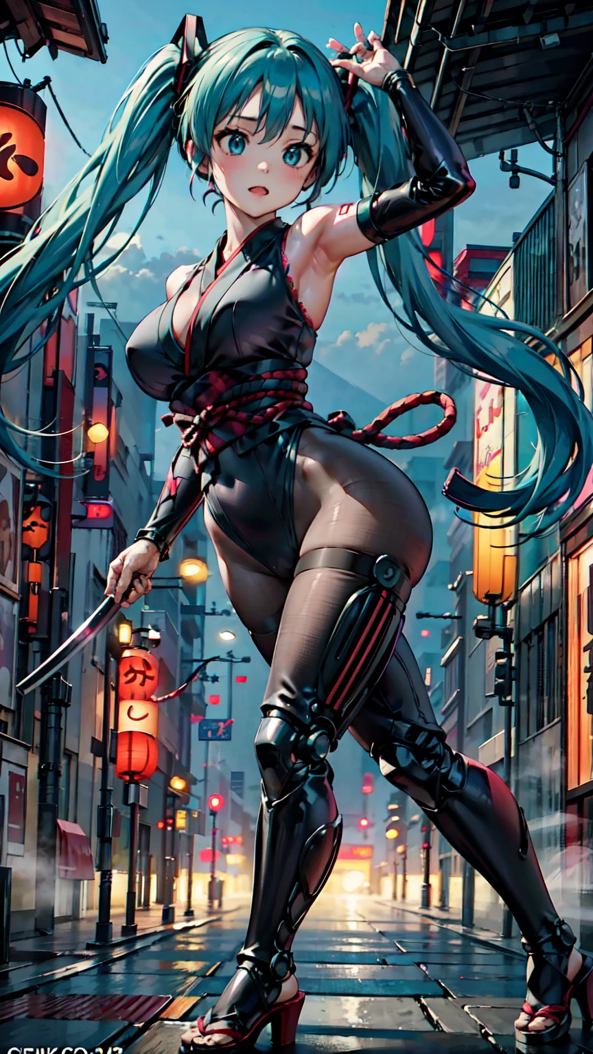 Adult Woman, Hatsune Miku, Dignified Face, ((Japanese Ninja)), ((Heavy cybernetic leotards)), Cyberpunk, High Heels, Masterpiece, Top Quality, Super Detailed, Dignified Face, Anime Visuals, Heavy Cybernetic Leotard, Science Fiction, Good _ Face: 0.8