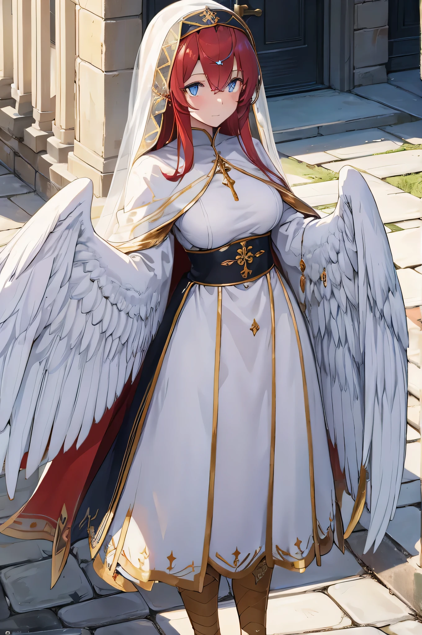 4K,High resolution,One Woman,Harpy,Red Hair,long hair,Blue Eyes,Big Breasts,White Wings,Golden toenails,Nuns,Nunsのドレス,White Veil,Jewelry decoration,Medieval town,In front of the church