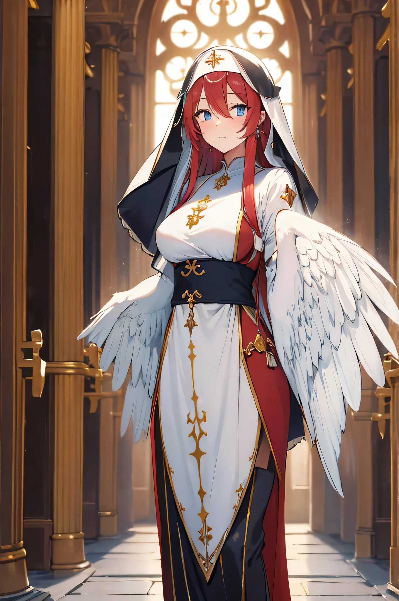 4K,High resolution,One Woman,Harpy,Red Hair,long hair,Blue Eyes,Big Breasts,White Wings,Golden toenails,Nuns,Nunsのドレス,White Veil,Jewelry decoration,Medieval town,In front of the church
