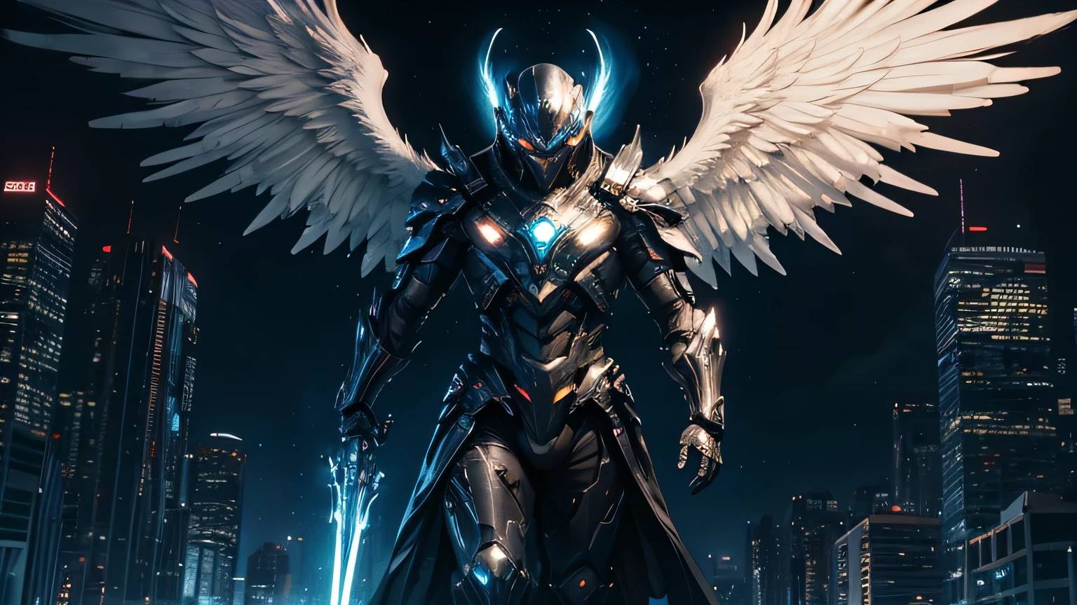 ((masterpiece, Highest quality, Best image quality, High resolution、4k)) A beautiful giant angel in evil black、very beautiful、Glowing black giant wings、Glowing halo、Glowing Black Cyber Robe、god々Shining with a bright light。Shiny advanced cybernetic enhancements. Seen in dynamic action poses, reflection on a smooth surface. The cityscape below looks small, filled with towering skyscrapers, illuminated by colorful holographic advertisements, Shining with blue energy, Mighty power. The overall atmosphere is mysterious and godlike., It had a futuristic techno vibe.. The lighting is dramatic, Intense highlights and deep shadows, Creates depth and tension、