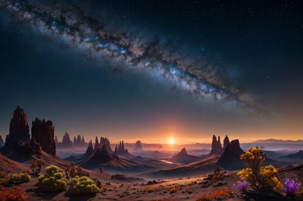 hyper-realistic, highly detailed, highest quality, masterpiece, strange alien world, landscape full of life and color, distant stars, nebulas, sublime, breath-taking, high detail, sharp, cinematic lighting, 8k UHD