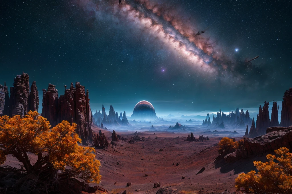 hyper-realistic, highly detailed, highest quality, masterpiece, strange alien world, landscape full of life and color, distant stars, nebulas, sublime, breath-taking, high detail, sharp, cinematic lighting, 8k UHD