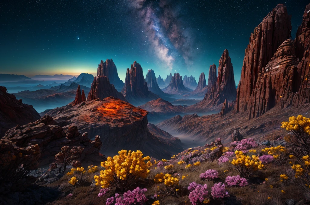 hyper-realistic, highly detailed, highest quality, masterpiece, strange alien world, landscape full of life and color, distant stars, nebulas, sublime, breath-taking, high detail, sharp, cinematic lighting, 8k UHD